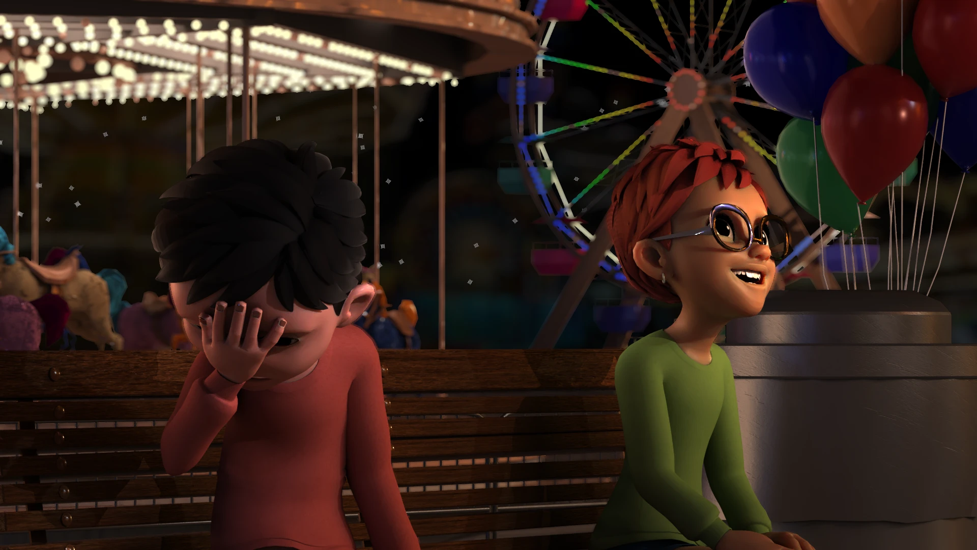 3D carnival scene with characters and ferris wheel