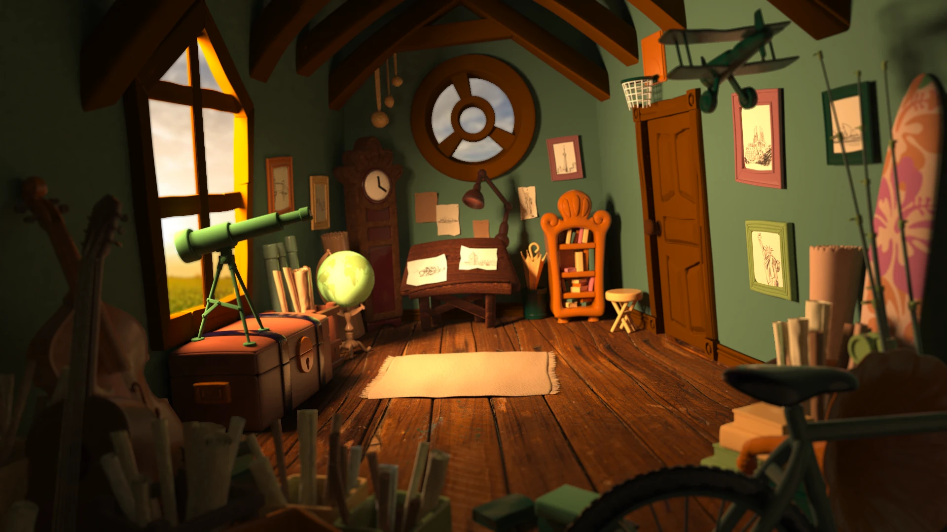 3D interior room with globe and telescope